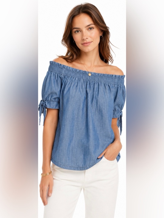 J. Crew Tops - J.Crew Chambray Off Shoulder Peasant Top Blue Tie Sleeve Blouse Sz 8